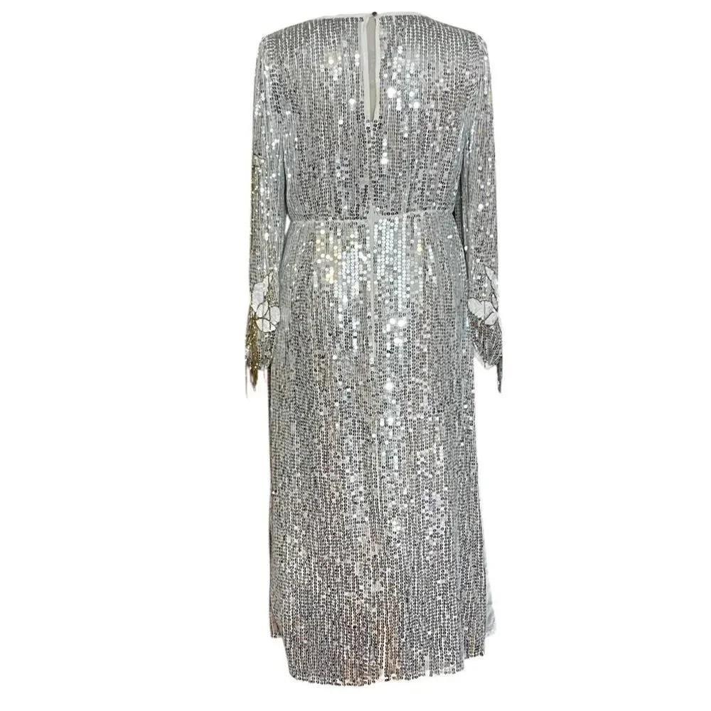 River Island London‎ Floral Sequin Fringe Long Sleeve MIDI Party Holiday Dresd - Picture 8 of 11